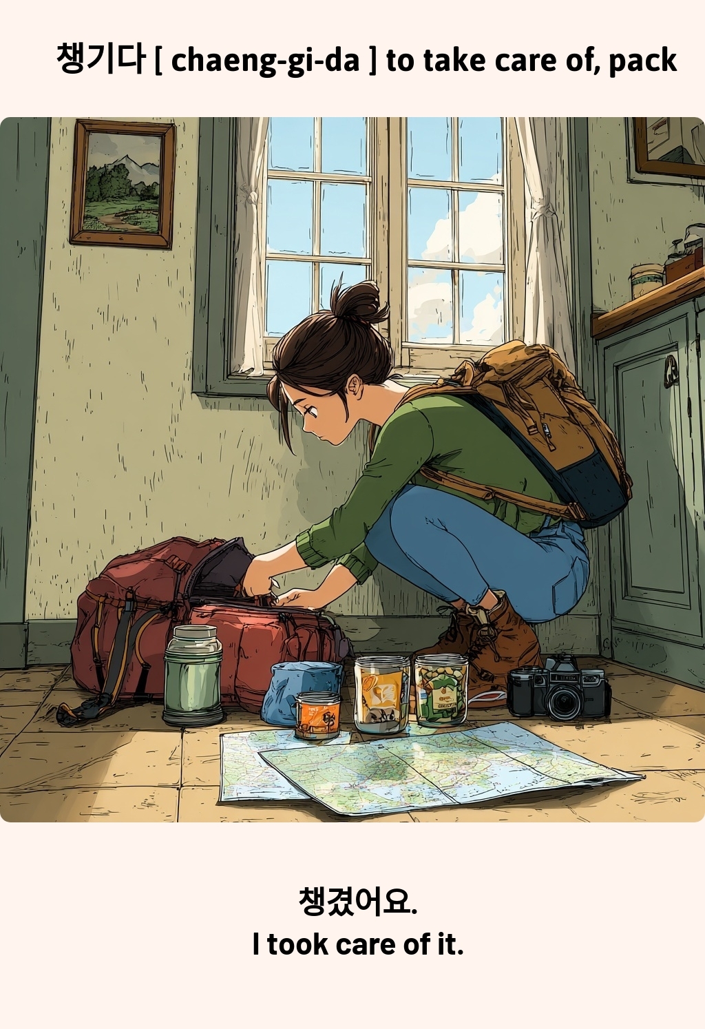 An image showing that the English word 'to take care of, pack' means '챙기다' in Korean.